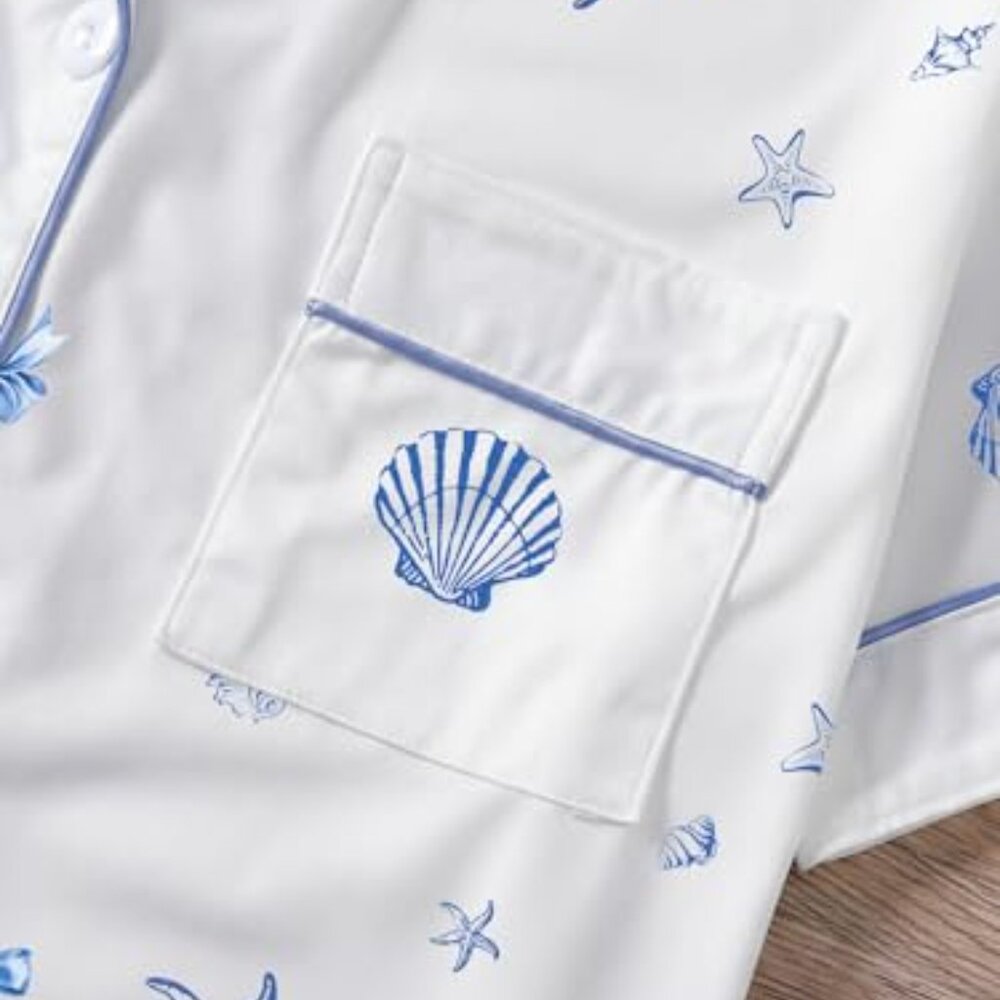 Shell Print Button Down Pajama Set Cute Lounge Sl… - image 6